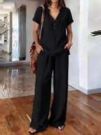 Women's casual two-piece solid color set by FitiqueFit, featuring a relaxed top and matching pants for comfortable casual wear.