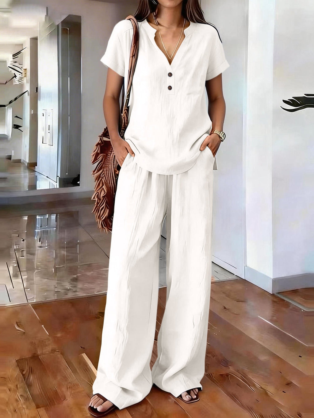 Women’s casual solid color two-piece set by FitiqueFit, featuring a relaxed top and matching pants for comfortable everyday wear.