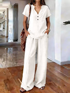 Women’s casual solid color two-piece set by FitiqueFit, featuring a relaxed top and matching pants for comfortable everyday wear.