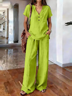 Women’s casual solid color two-piece set by FitiqueFit featuring a relaxed top and matching pants, perfect for everyday wear.