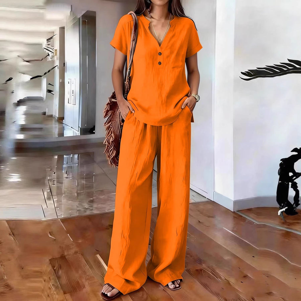 Women’s casual solid color two-piece set by FitiqueFit, featuring a relaxed top and matching pants for comfortable everyday wear.