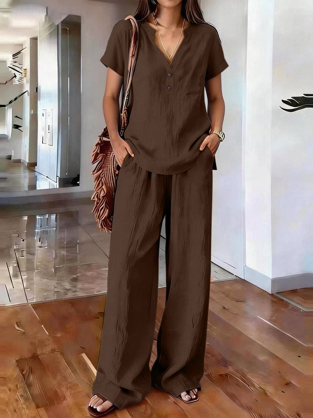 Women’s casual solid color two-piece set by FitiqueFit, featuring a relaxed top and matching pants for comfortable everyday wear.