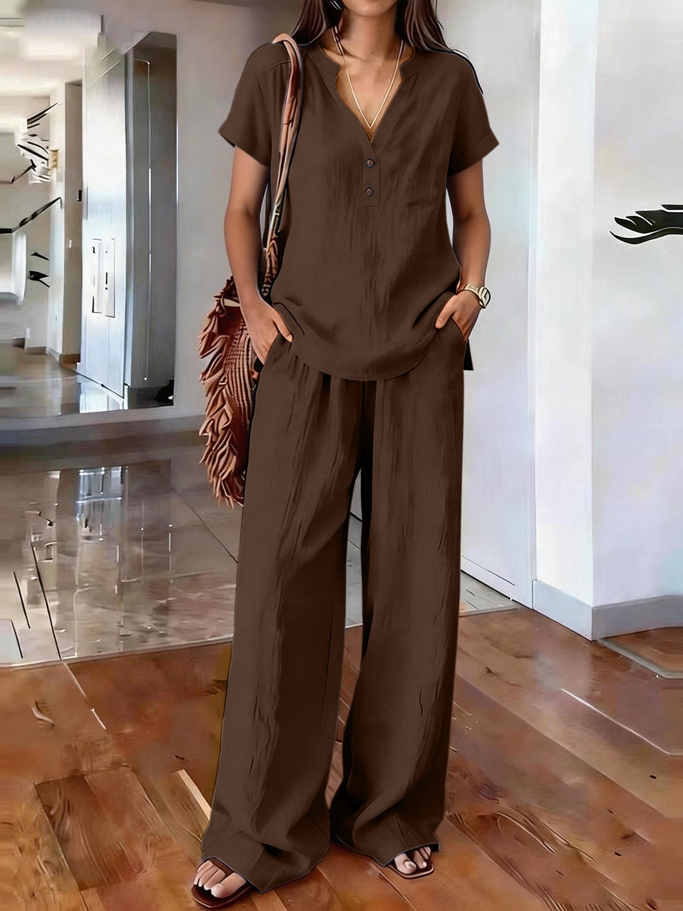 Women’s casual solid color two-piece set by FitiqueFit, featuring a relaxed top and matching pants for comfortable everyday wear.