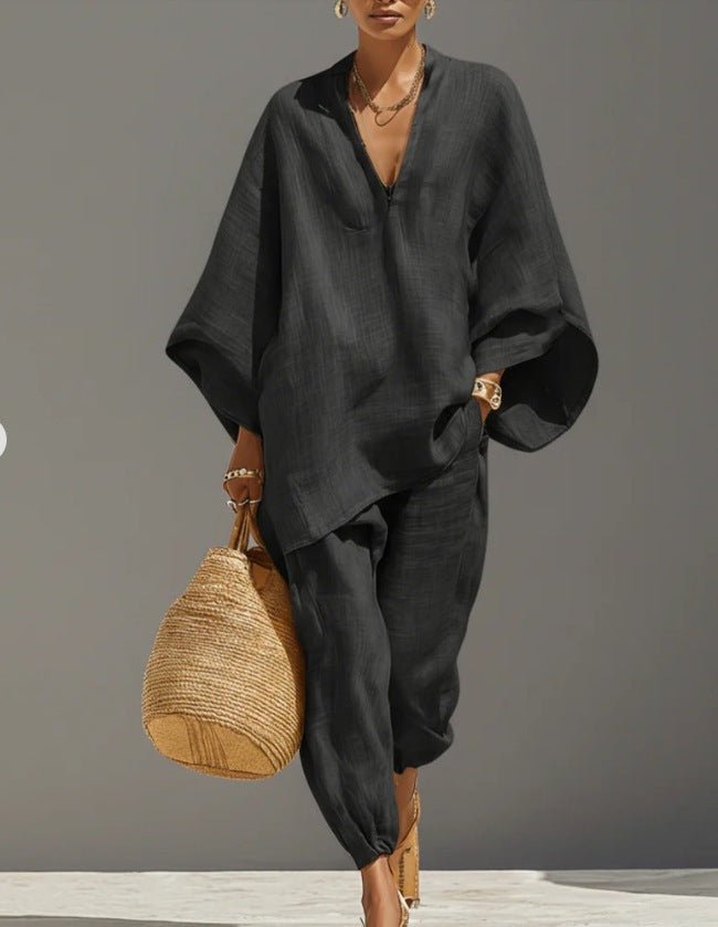 Women’s casual solid color two-piece shirt set by FitiqueFit, featuring a relaxed top and matching pants, perfect for everyday wear.