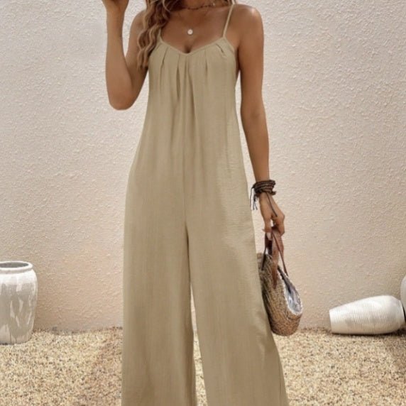 Women’s casual suspender jumpsuit by FitiqueFit, V-neck, sleeveless, solid color, one-piece, perfect for everyday wear.