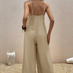 Women's casual suspender jumpsuit by FitiqueFit, sleeveless V-neck solid color one-piece, perfect for relaxed everyday wear.