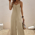 Women’s casual suspender jumpsuit by FitiqueFit featuring V-neck, sleeveless design, solid color, and relaxed one-piece style.