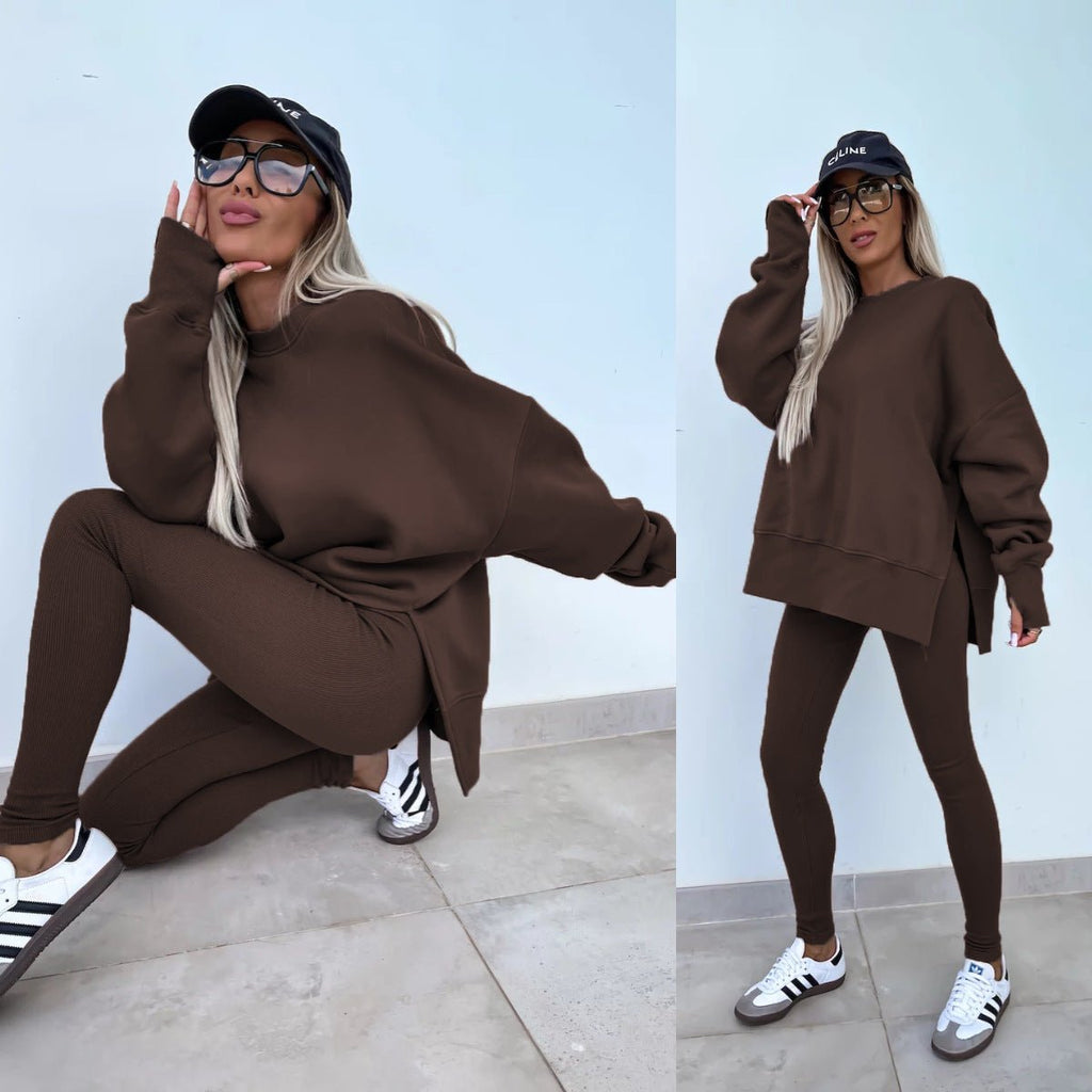 Women's casual sweater suit with loose split top and fitted trousers by FitiqueFit, perfect for comfortable everyday wear.