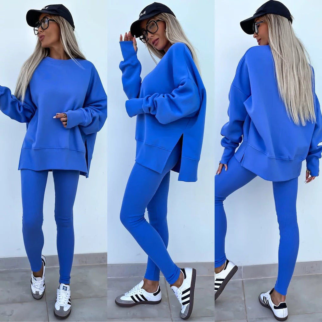 Women’s casual sweater suit by FitiqueFit featuring a loose split top and fitted trousers, perfect for relaxed everyday wear.