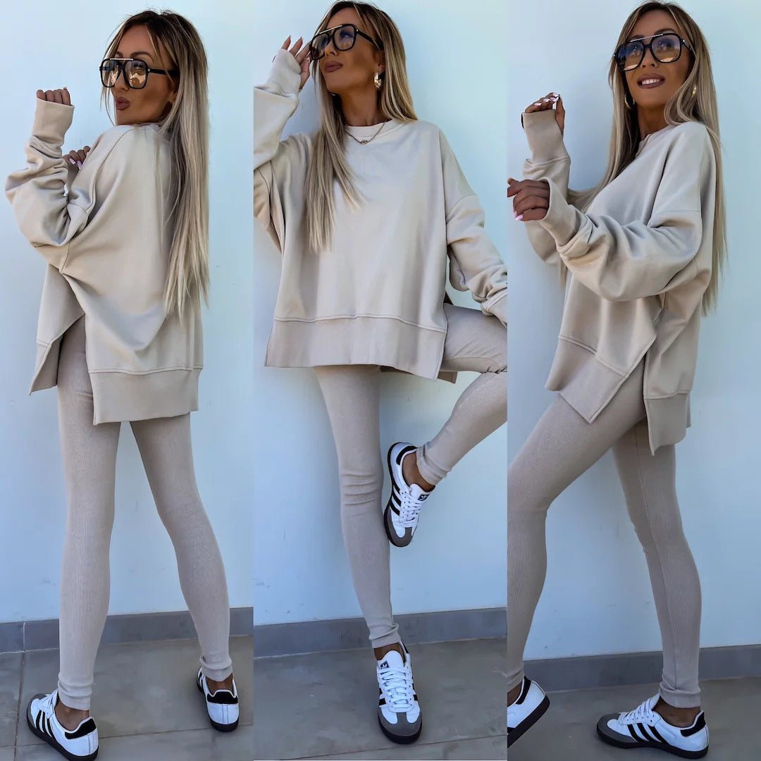 Women’s casual sweater suit by FitiqueFit featuring a loose split top and fitted trousers, perfect for relaxed everyday wear.