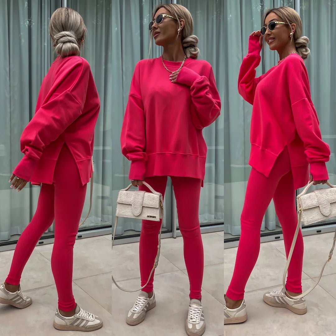 Women’s casual sweater suit by FitiqueFit featuring a loose split top and fitted trousers, perfect for comfortable everyday wear.