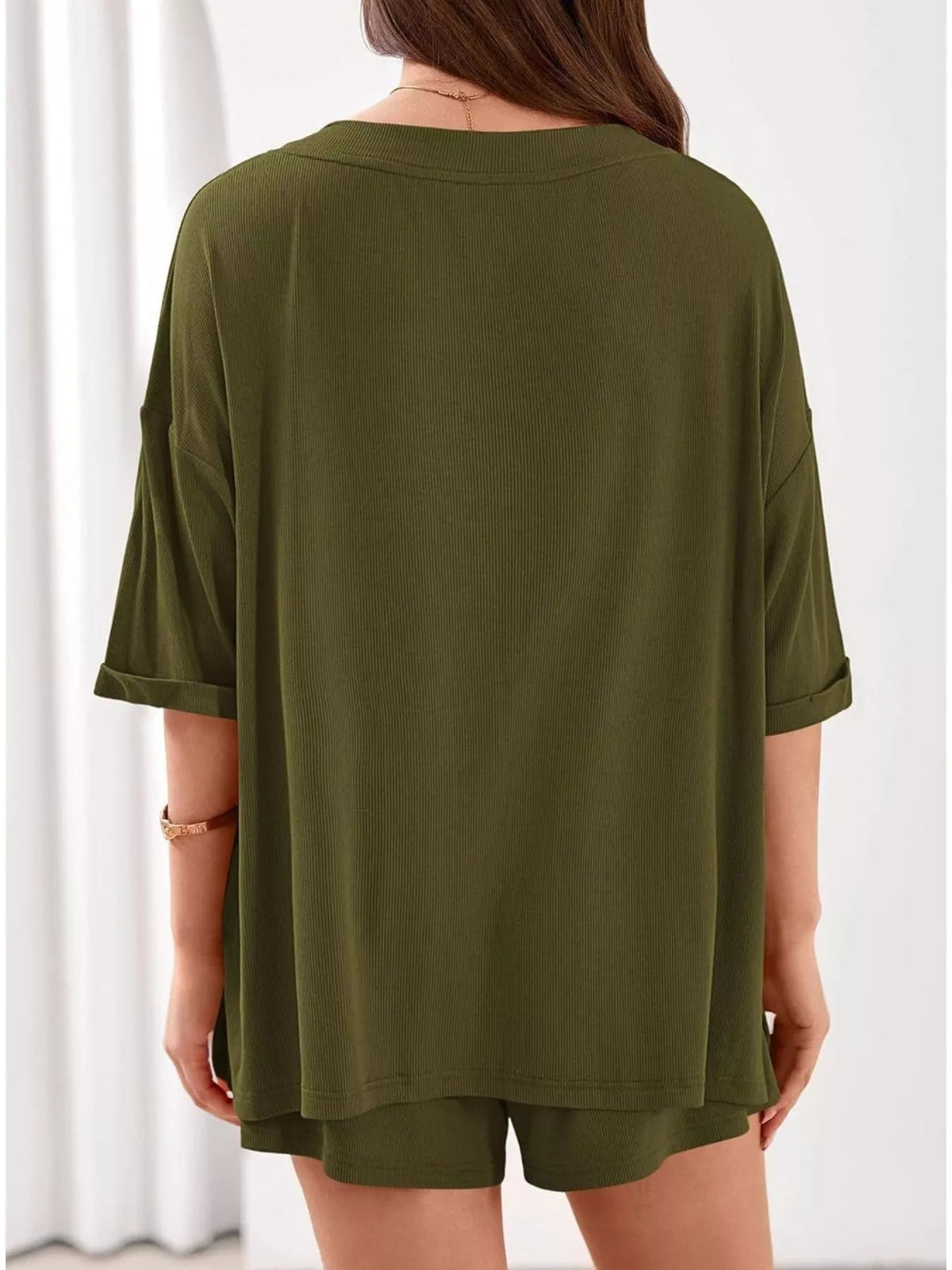 Women’s casual V-neck top and shorts two-piece outfit by Plush Fashion Hub, solid color, comfortable and stylish clothing set.