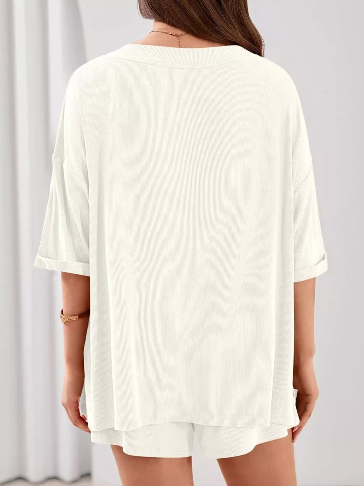 Women’s casual V-neck top and shorts two-piece clothing set in solid color from Plush Fashion Hub, perfect for everyday wear.