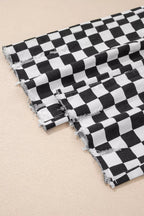 Women's checkerboard print distressed raw edge cropped jeans from Trendsi, featuring a classic checkerboard pattern and frayed hem.