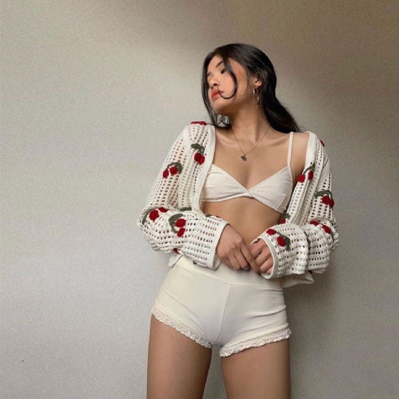 Women's cherry embroidery crochet cardigan by FitiqueFit featuring detailed cherry designs and a cozy, stylish knit pattern.