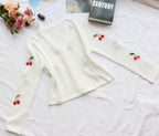 Women’s cherry embroidery crochet cardigan by FitiqueFit, featuring detailed cherry patterns and a cozy knit design.