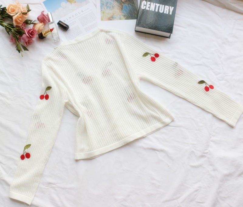 Women’s cherry embroidery crochet cardigan by FitiqueFit, featuring detailed cherry patterns and a cozy knit design.
