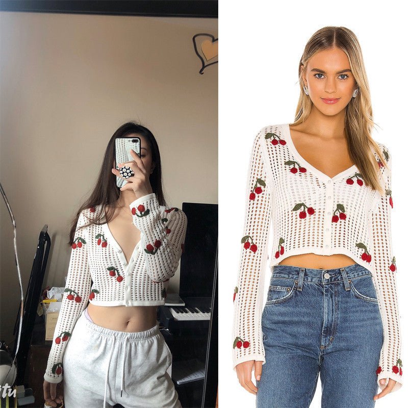 Women’s cherry embroidery crochet cardigan by FitiqueFit, featuring intricate cherry designs and a soft, knitted texture.
