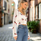 Women’s cherry embroidery crochet cardigan by FitiqueFit, featuring floral embroidery and lightweight knit fabric.