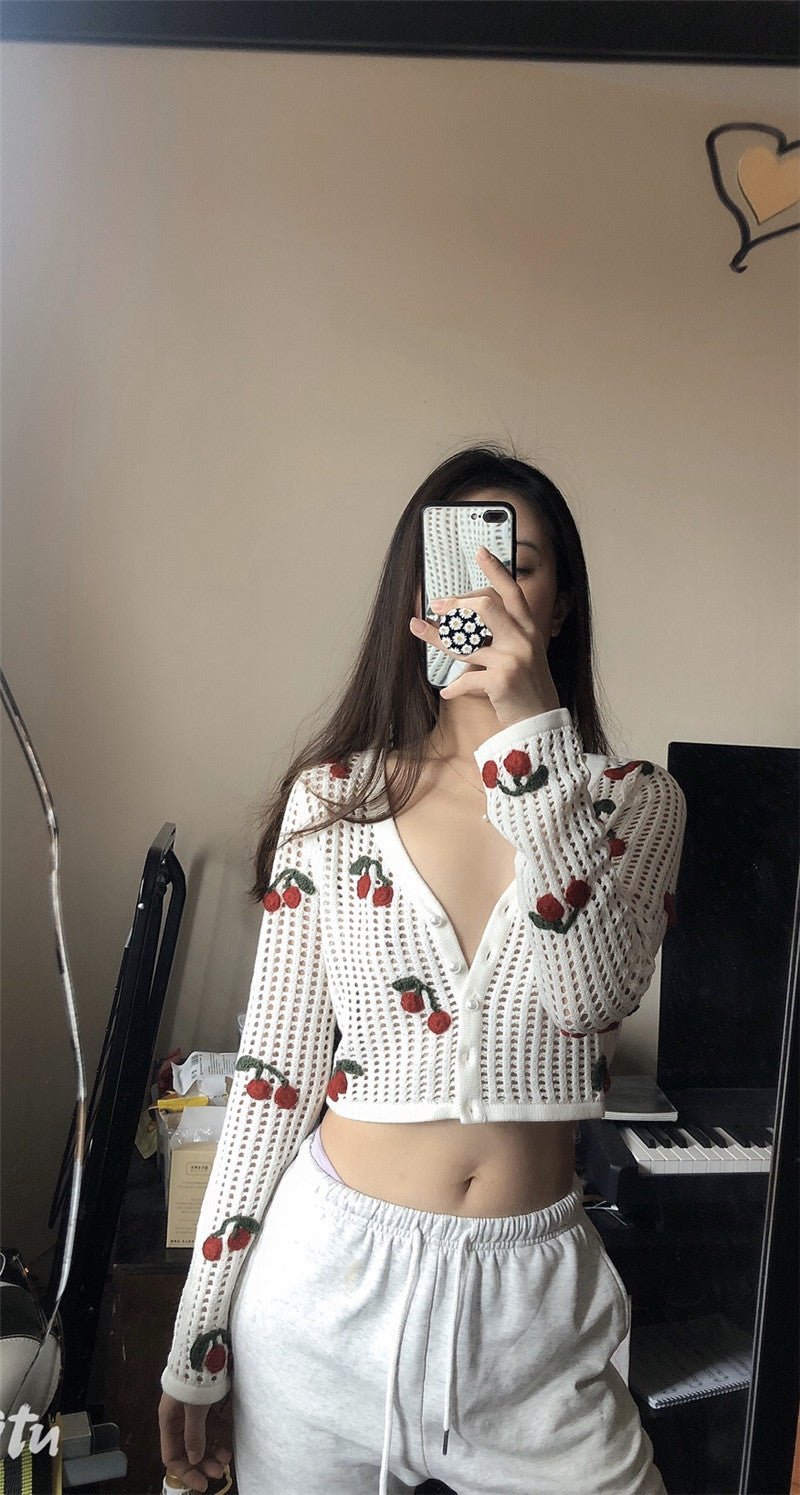 Women’s cherry embroidery crochet cardigan by FitiqueFit, featuring floral details and lightweight knit fabric.