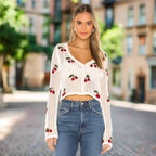 Women’s cherry embroidery crochet cardigan by FitiqueFit, featuring floral embroidery and lightweight crochet knit.