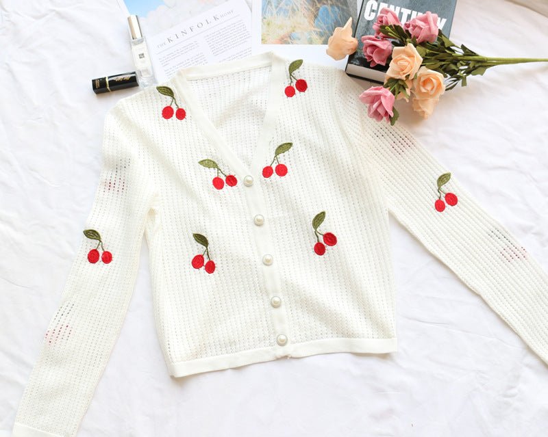 Women’s cherry embroidery crochet cardigan by FitiqueFit, featuring detailed floral embroidery and lightweight knit fabric.