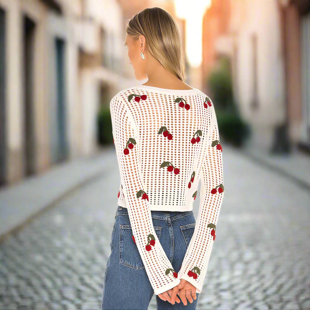 Women’s cherry embroidery crochet cardigan by FitiqueFit featuring intricate cherry designs on soft knit fabric.
