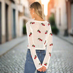 Women’s cherry embroidery crochet cardigan by FitiqueFit featuring intricate cherry designs on soft knit fabric.
