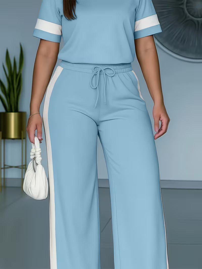 Women's color-block contrast 2-piece casualwear set with stylish top and pants from FitiqueFit, designed for a modern, relaxed look.