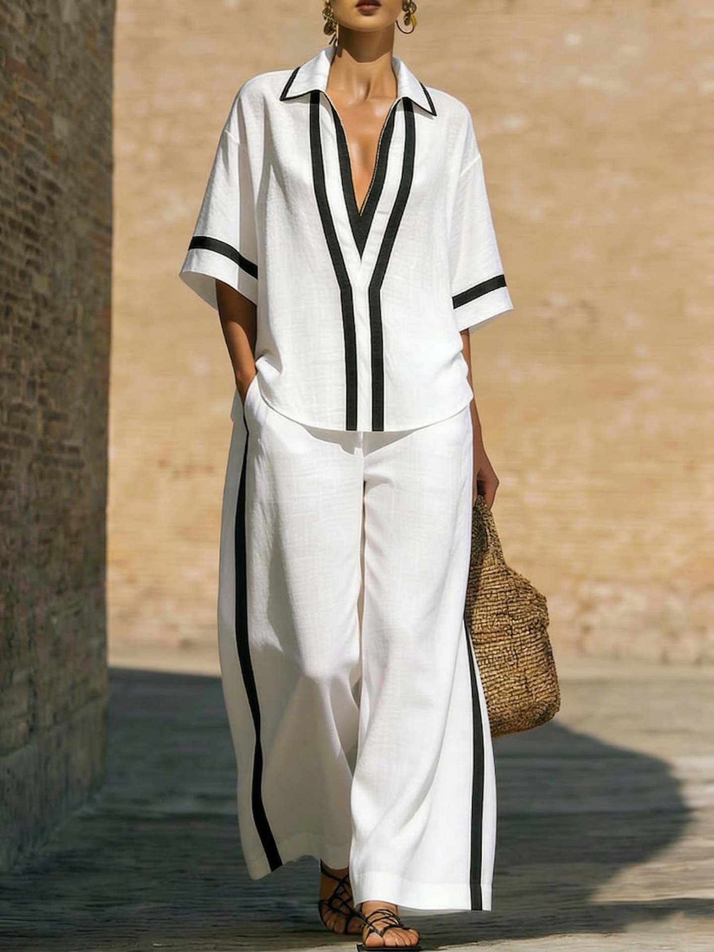 Women's color block shirt and wide-leg pants set by FitiqueFit, featuring a casual, stylish look with vibrant color blocking.