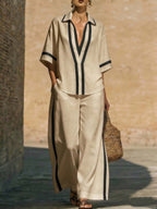 Women’s color block shirt and wide-leg pants casualwear set by FitiqueFit, featuring vibrant color blocks and relaxed fit.