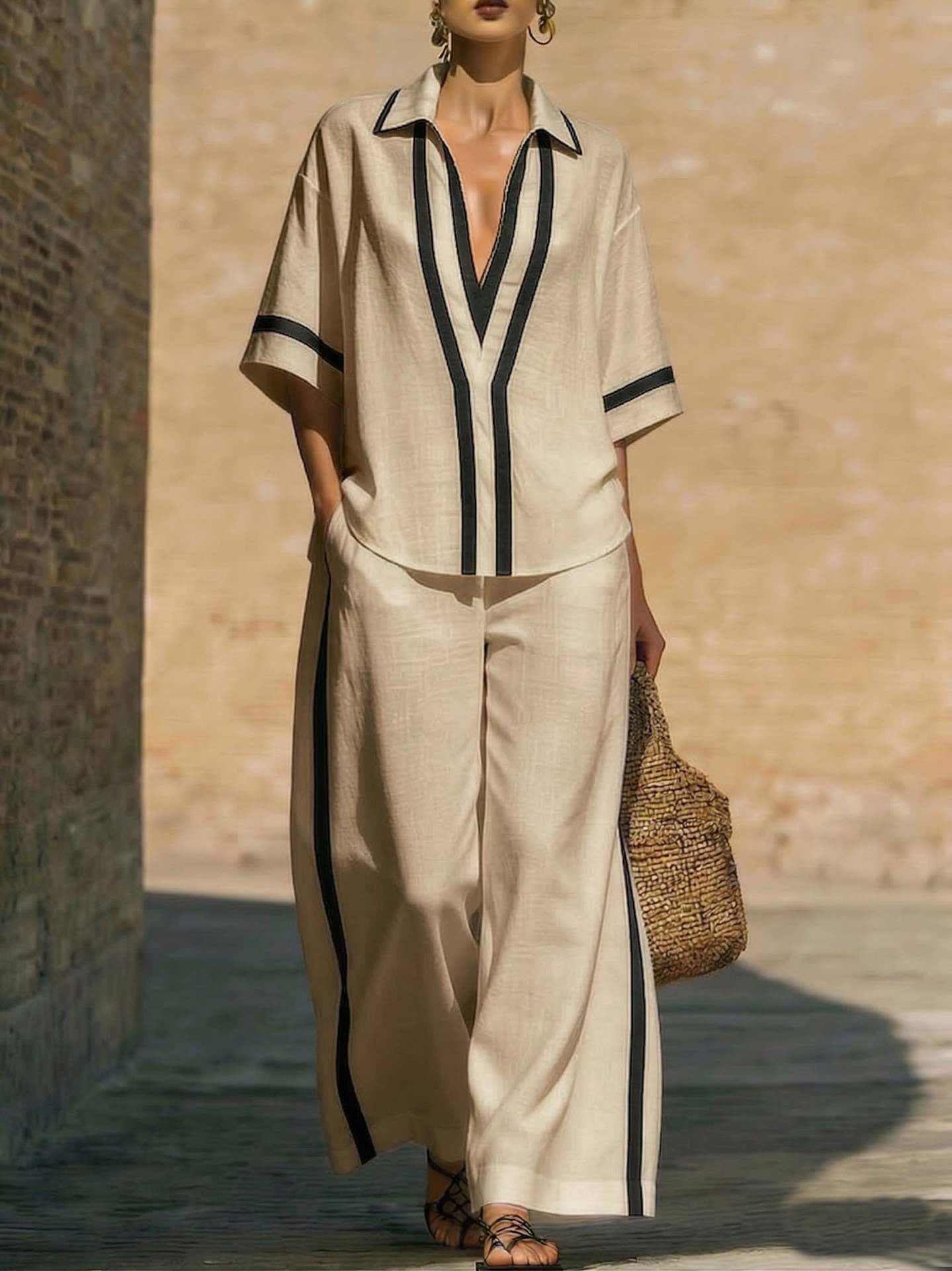 Women’s color block shirt and wide-leg pants casualwear set by FitiqueFit, featuring vibrant color blocks and relaxed fit.
