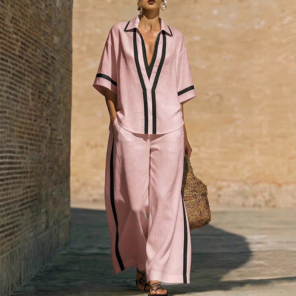 Women’s color block shirt and wide-leg pants set by FitiqueFit, casualwear outfit featuring vibrant color blocking and relaxed fit.