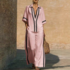 Women’s color block shirt and wide-leg pants set by FitiqueFit, casualwear outfit featuring vibrant color blocking and relaxed fit.