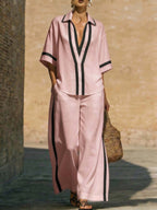 Women’s color block shirt and wide-leg pants casualwear set by FitiqueFit, featuring vibrant color blocking and relaxed fit.