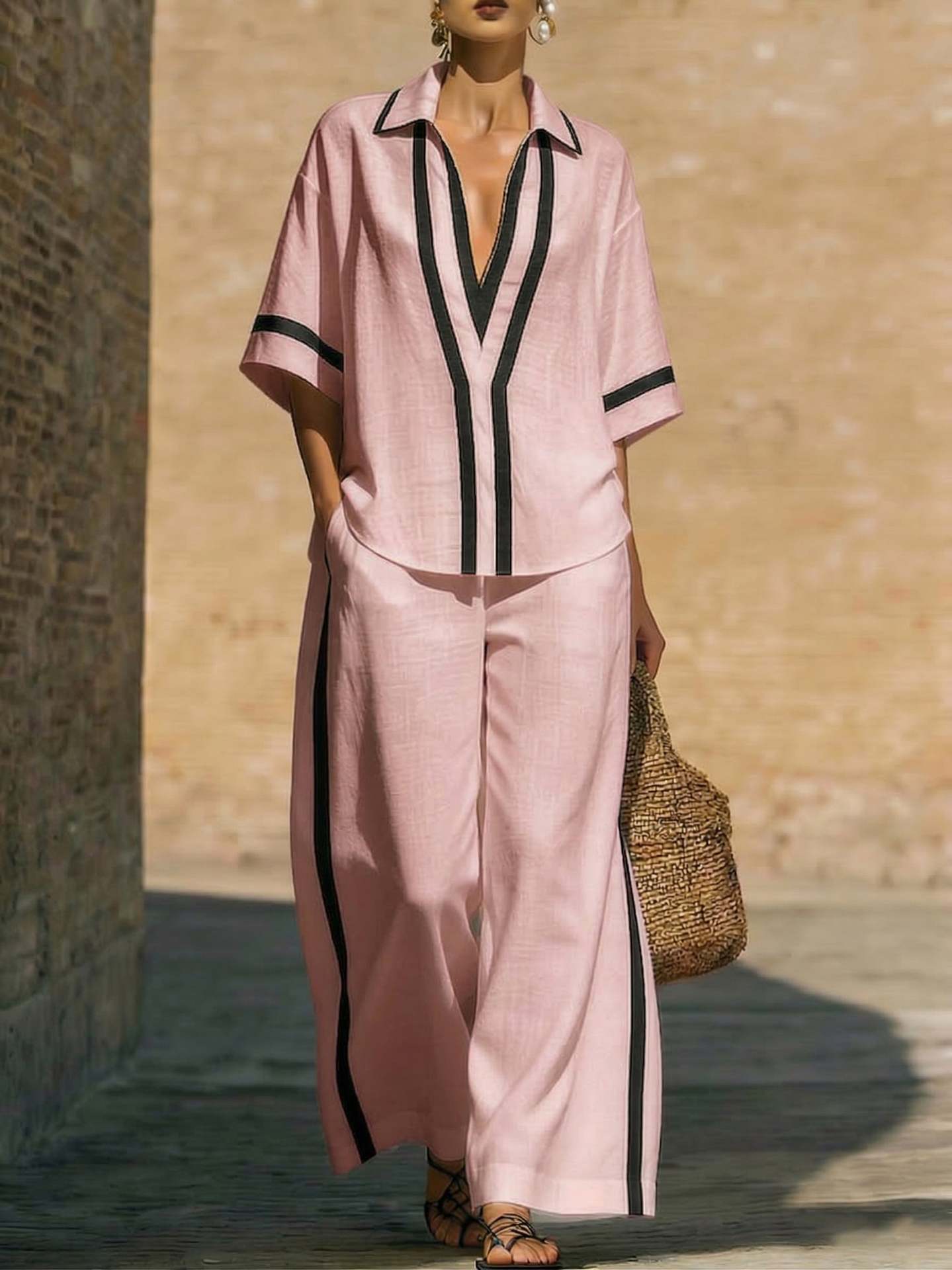 Women’s color block shirt and wide-leg pants casualwear set by FitiqueFit, featuring vibrant color blocking and relaxed fit.