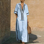Women’s color block shirt and wide-leg pants casualwear set by FitiqueFit, featuring bold color blocking and comfortable fit.