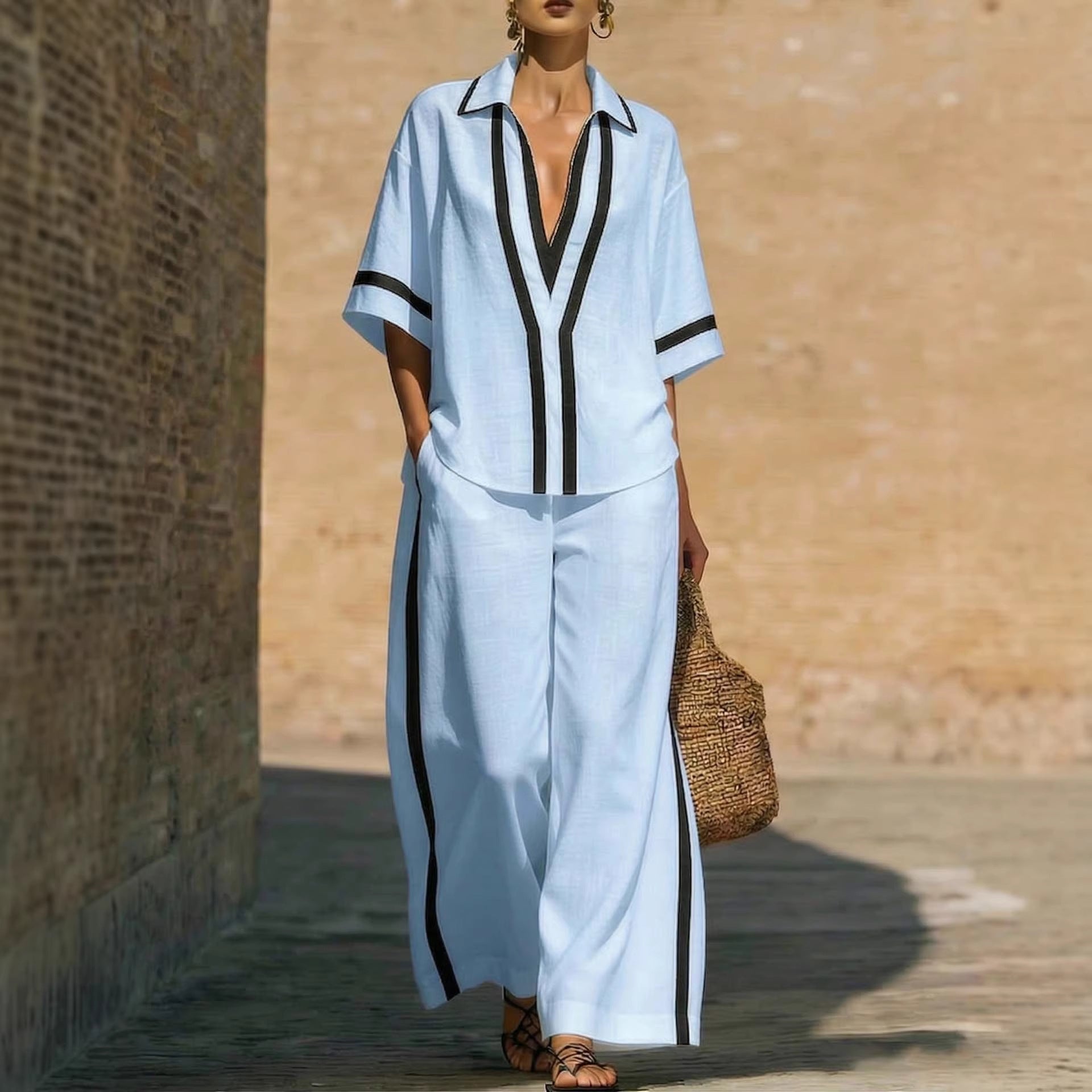 Women’s color block shirt and wide-leg pants casualwear set by FitiqueFit, featuring bold color blocking and comfortable fit.