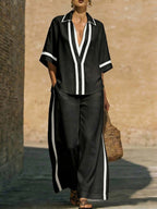Women’s color block shirt and wide-leg pants set by FitiqueFit, casualwear outfit featuring vibrant color blocking and relaxed fit.