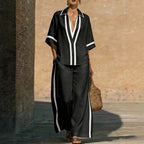 Women’s color block shirt and wide-leg pants set by FitiqueFit, casualwear ensemble with vibrant color blocking and relaxed fit.