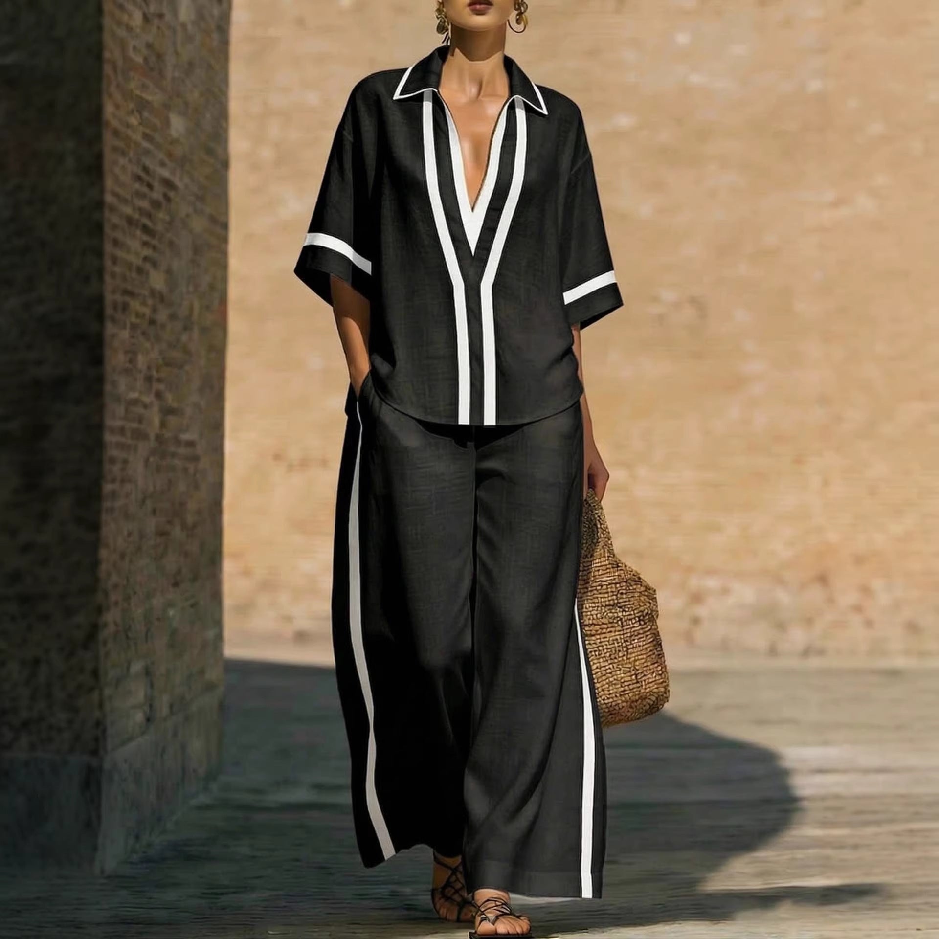 Women’s color block shirt and wide-leg pants set by FitiqueFit, casualwear ensemble with vibrant color blocking and relaxed fit.