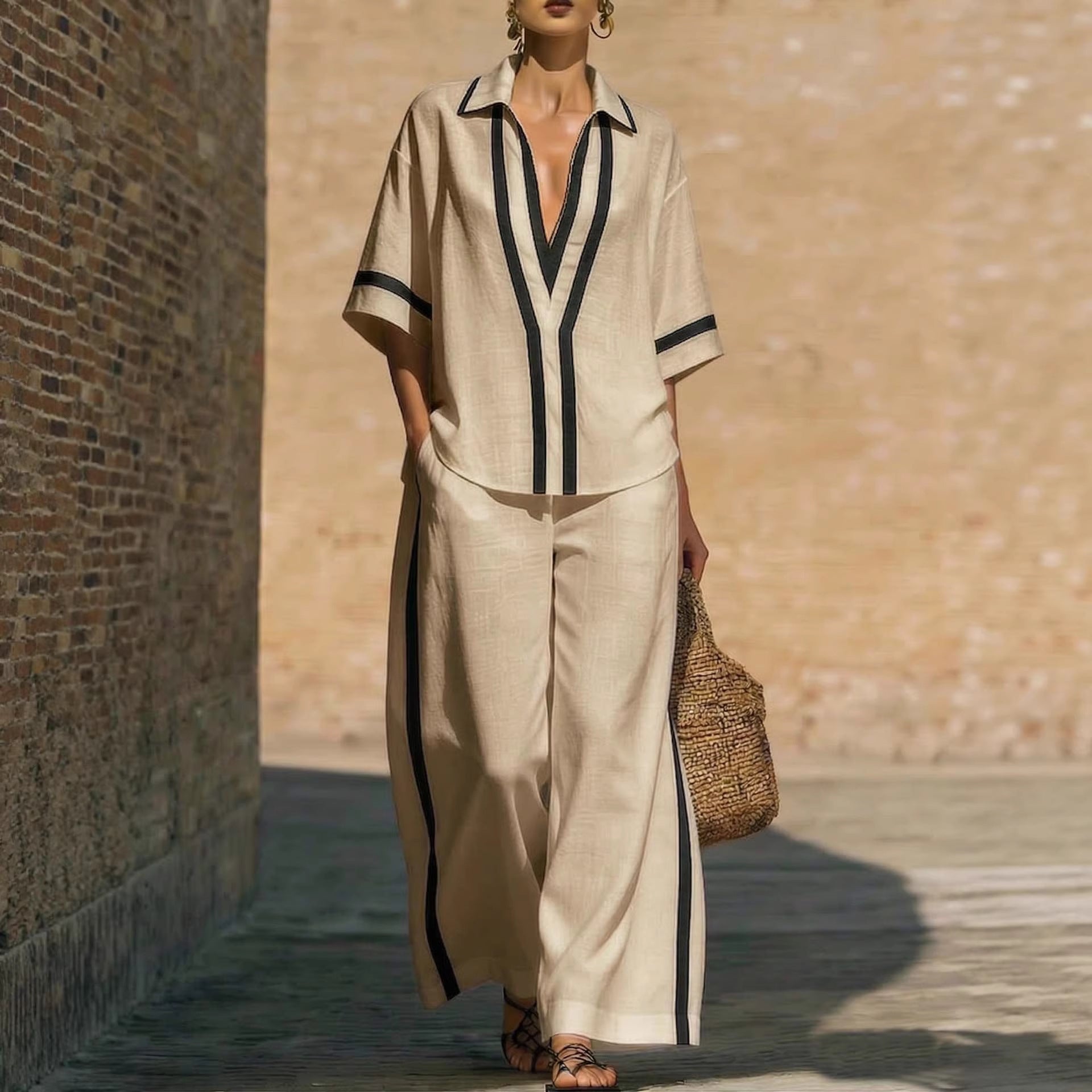 Women’s color block shirt and wide-leg pants casualwear set by FitiqueFit, featuring vibrant color blocking and relaxed fit.