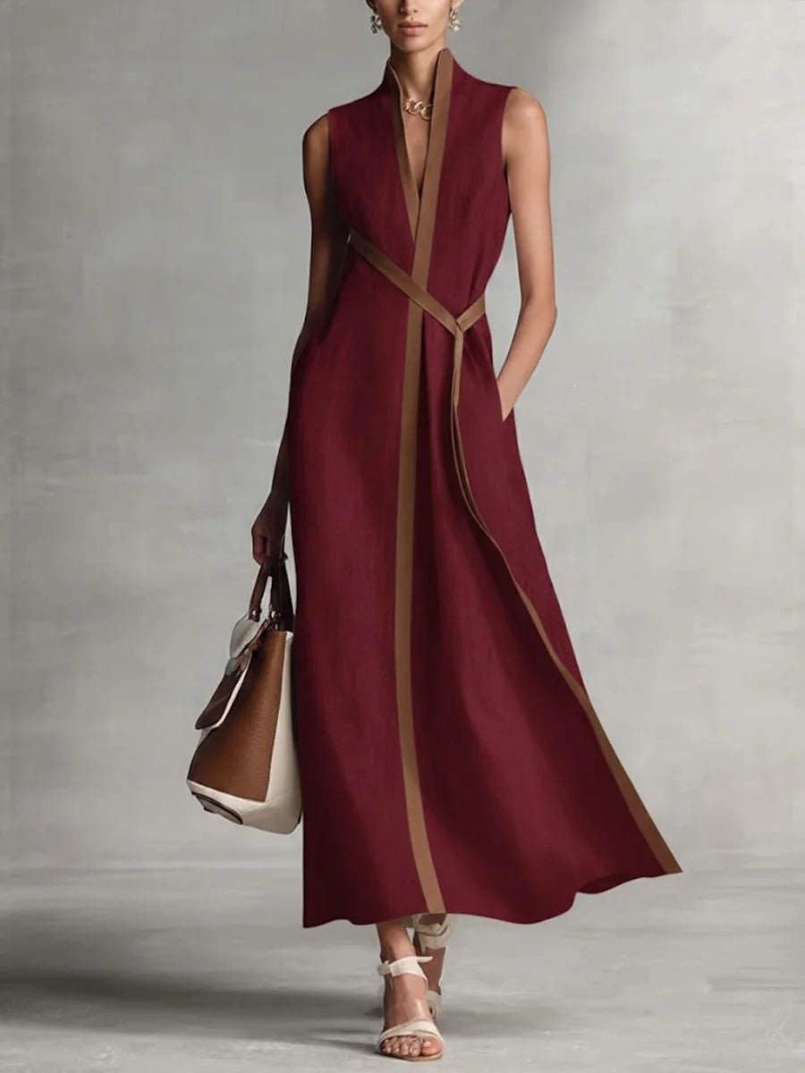 Women's color block linen blend dress with sleeveless design and stand collar, ideal casualwear from FitiqueFit.