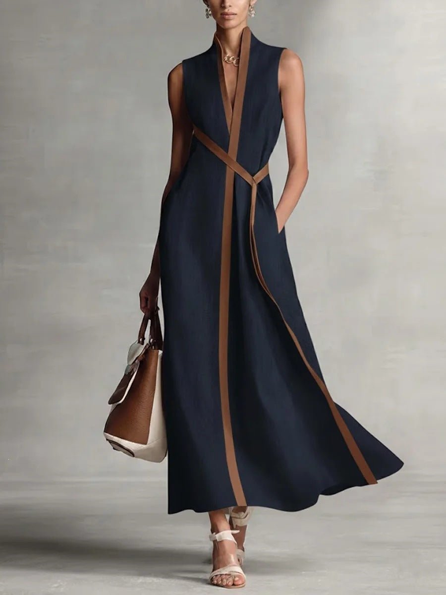 Women's color block sleeveless linen blend dress with stand collar, casualwear by FitiqueFit, shown on a model.