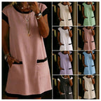 Women's color-block T-shirt mini dress with pocket and straight cut, casualwear by FitiqueFit, shown on model.