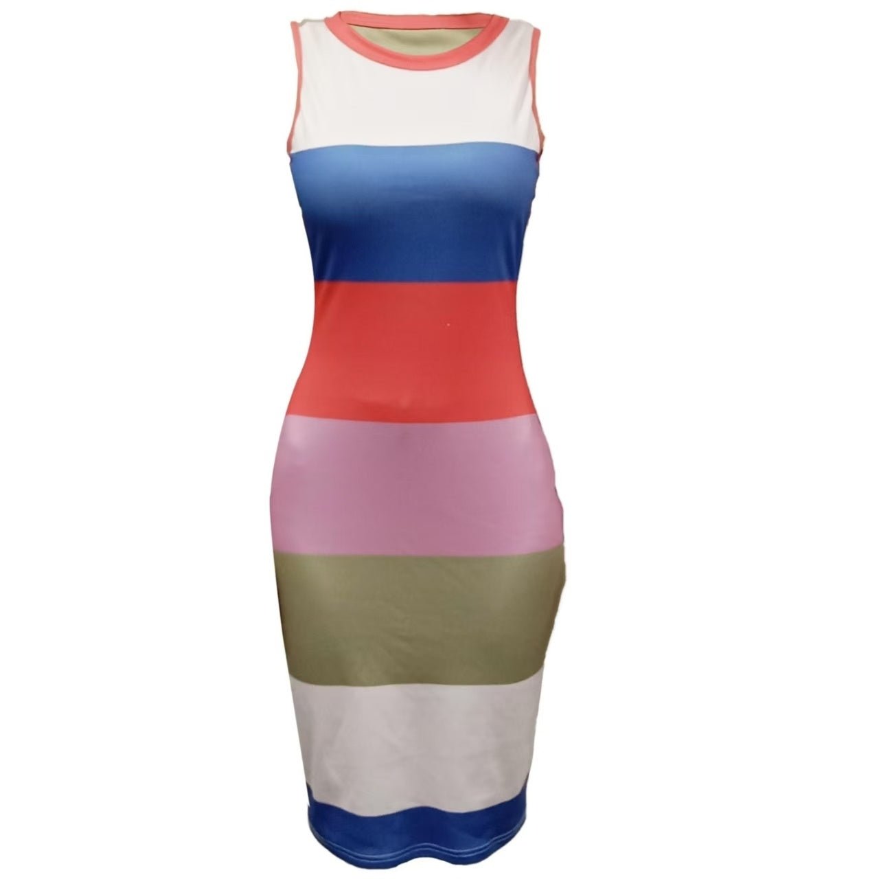 Women’s color-blocked striped sleeveless bodycon dress by FitiqueFit, showcasing a fitted casualwear design with bold color blocking.