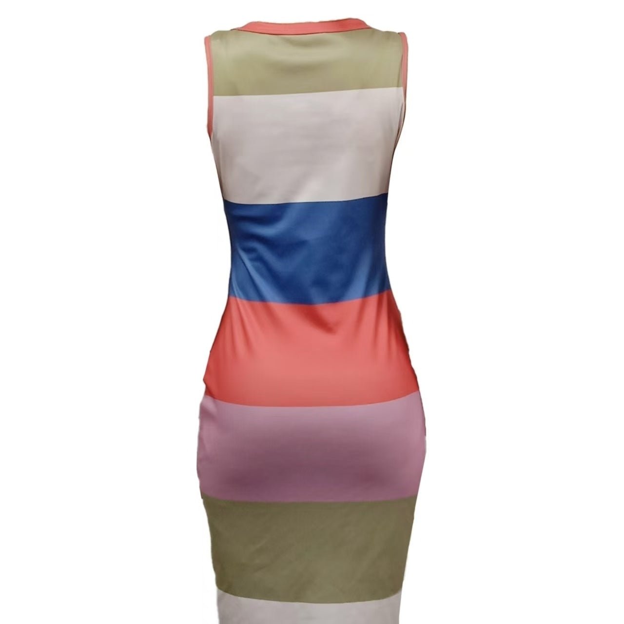 Women's color-blocked striped sleeveless bodycon dress by FitiqueFit, showcasing a fitted casualwear dress with bold color blocks and stripes.