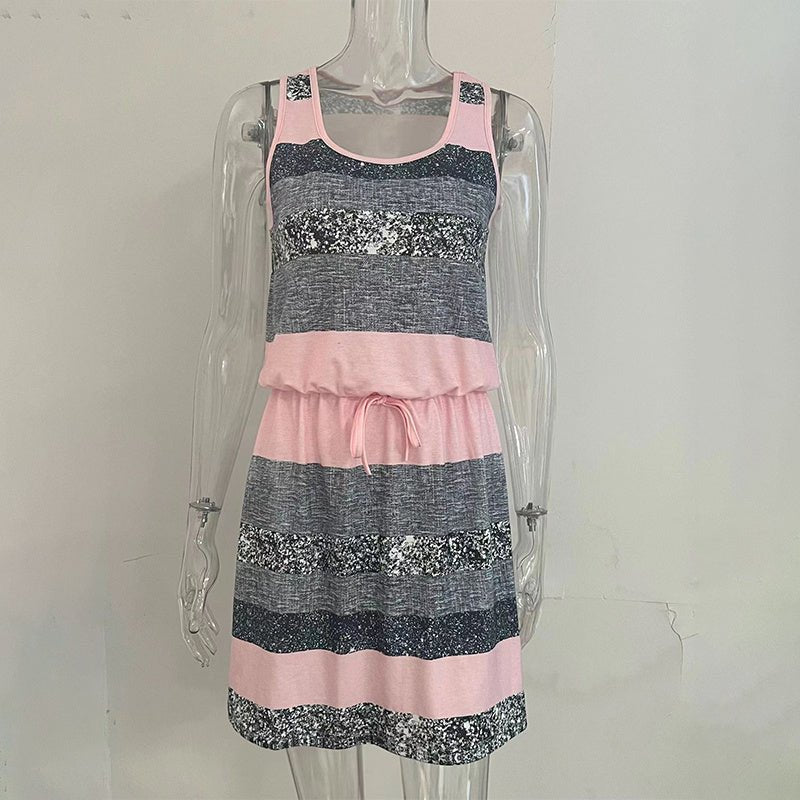 Women’s color-block striped tie-waist mini dress by FitiqueFit, casualwear with a stylish striped pattern and relaxed fit.