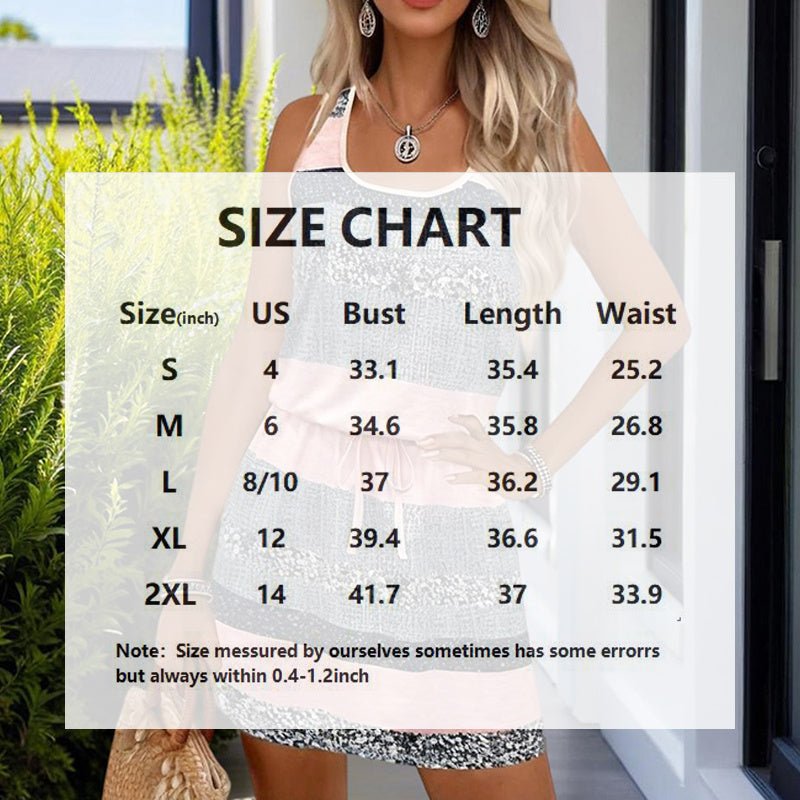 Women’s color-block striped tie-waist mini dress by FitiqueFit, casualwear with bold vertical stripes and a flattering tie belt.