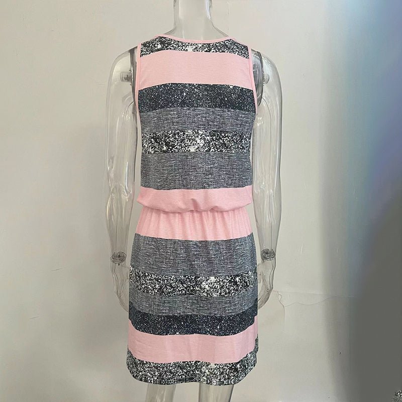 Women’s color-block striped tie-waist mini dress by FitiqueFit, featuring a casual design with bold horizontal stripes and a flattering tie waist.